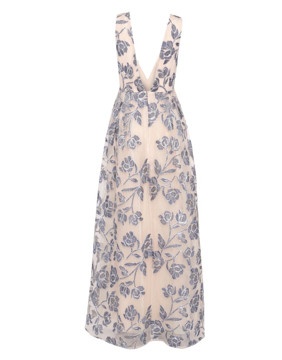Louise Steel Blue Embroidery Plunging Back Maxi-Dress - 3