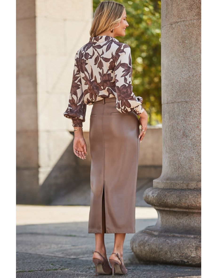 Taupe Faux Leather Maxi Pencil Skirt - 4