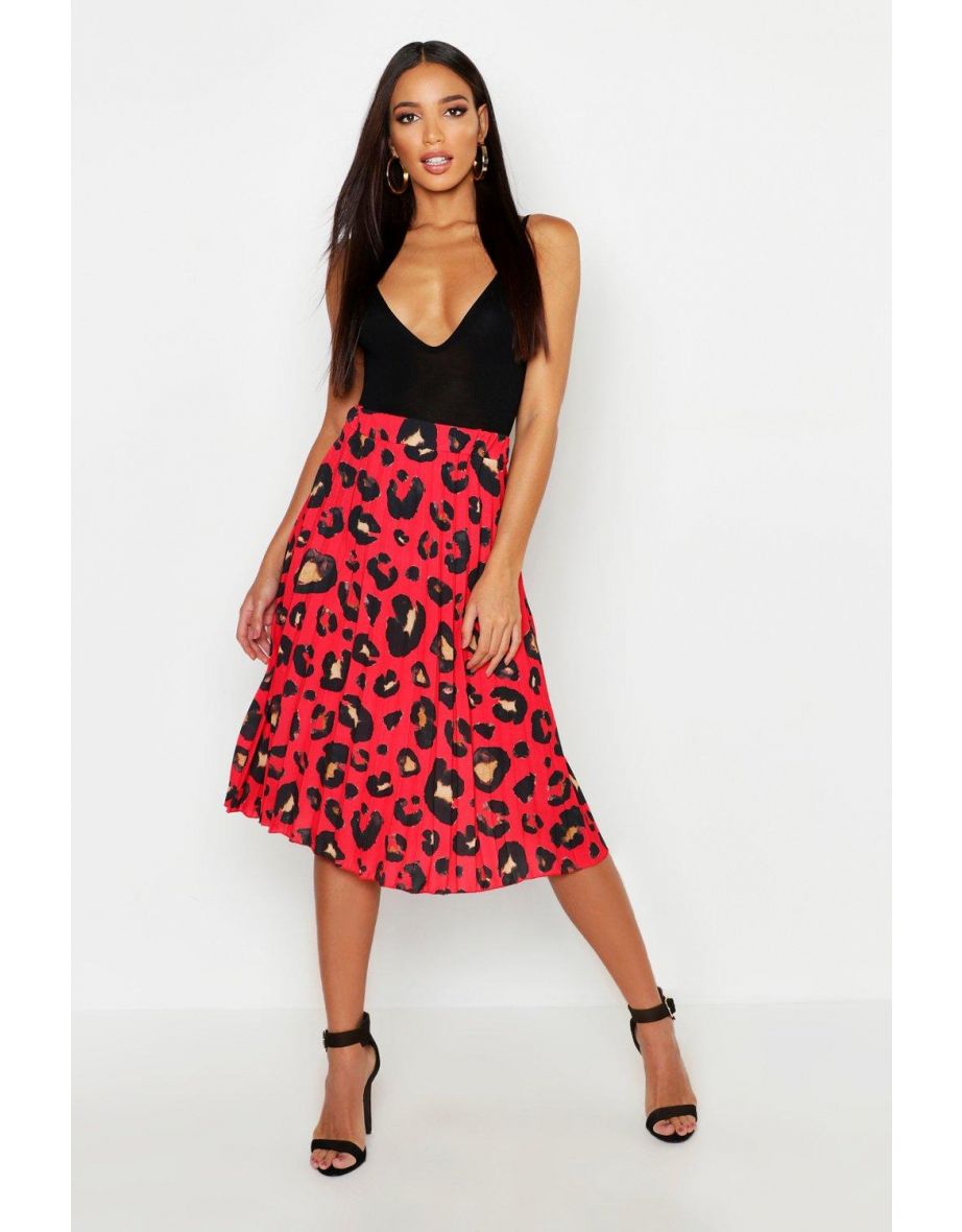 Pleated Leopard Print Midi Skirt - red