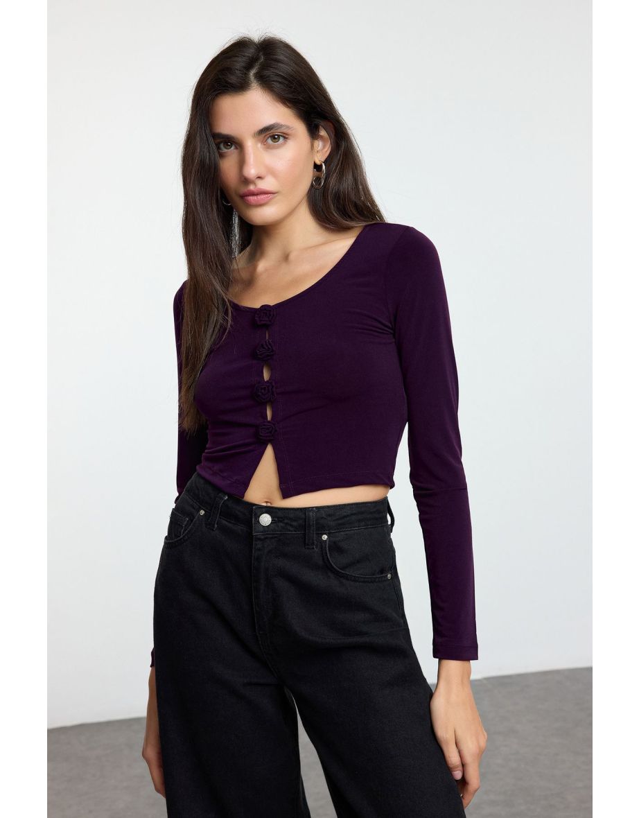 Purple Fitted/Body-Sit Rose Detailed Knitted Top