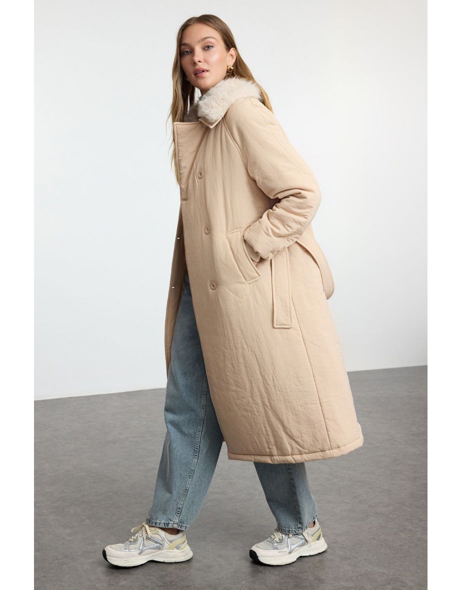 Mink Collar Plush Detailed Belted Water Repellent Long Parka Puffer Jacket