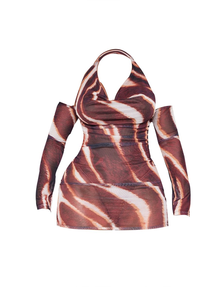 Shape Brown Zebra Print Mesh Cowl Bodysuit Insert Bodycon Dress - 4