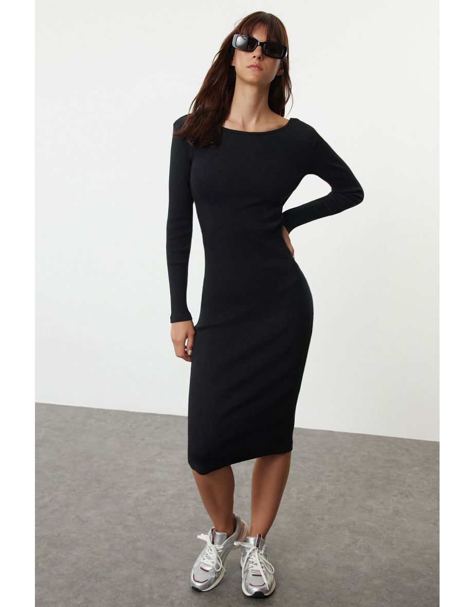 Black Backless Fitted Flexible Midi Knitted Dress