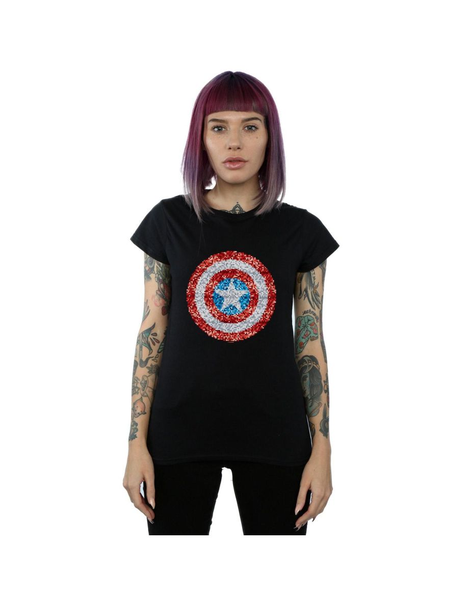 Marvel Womens/Ladies Captain America Pixelated Shield Cotton T-Shirt - Black