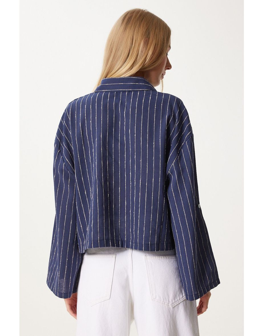 Women's Navy Blue Thin Striped Crop Linen Shirt - 5