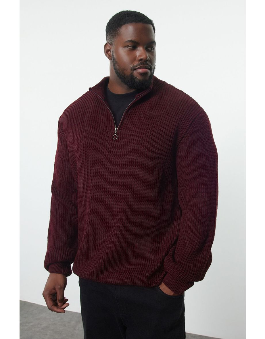 Claret Red FL Regular Half Turtleneck Plain Knitwear Plus Size Sweater