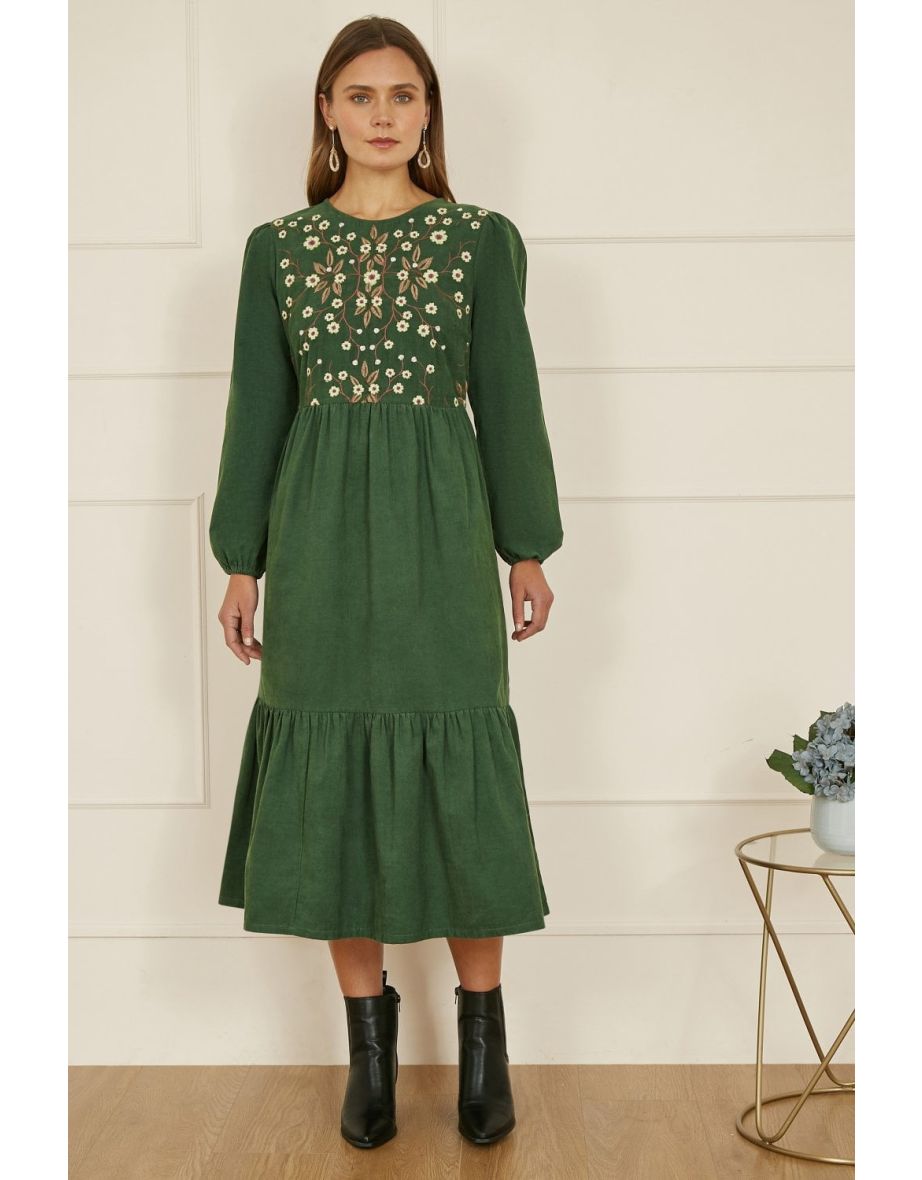 Yumi Green Long Sleeve Midaxi Dress With Floral Embroidery Bodice