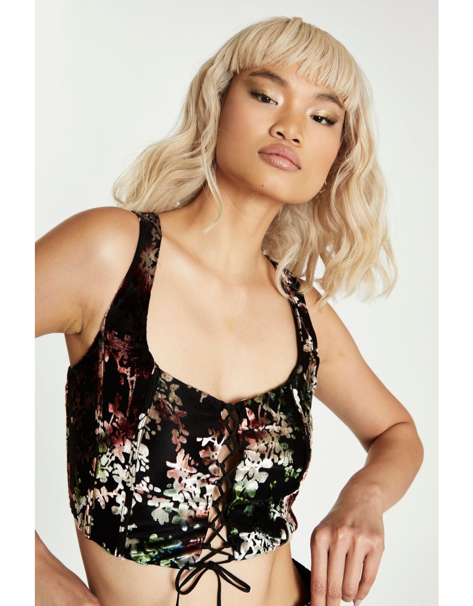 Glamorous Black Multi Devore Lace-up Corset Crop Top - 3