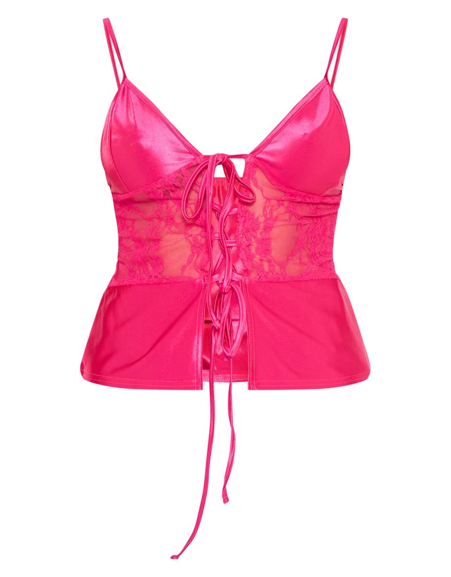 Hot Pink Satin & Lace Mix Cami Top - 4