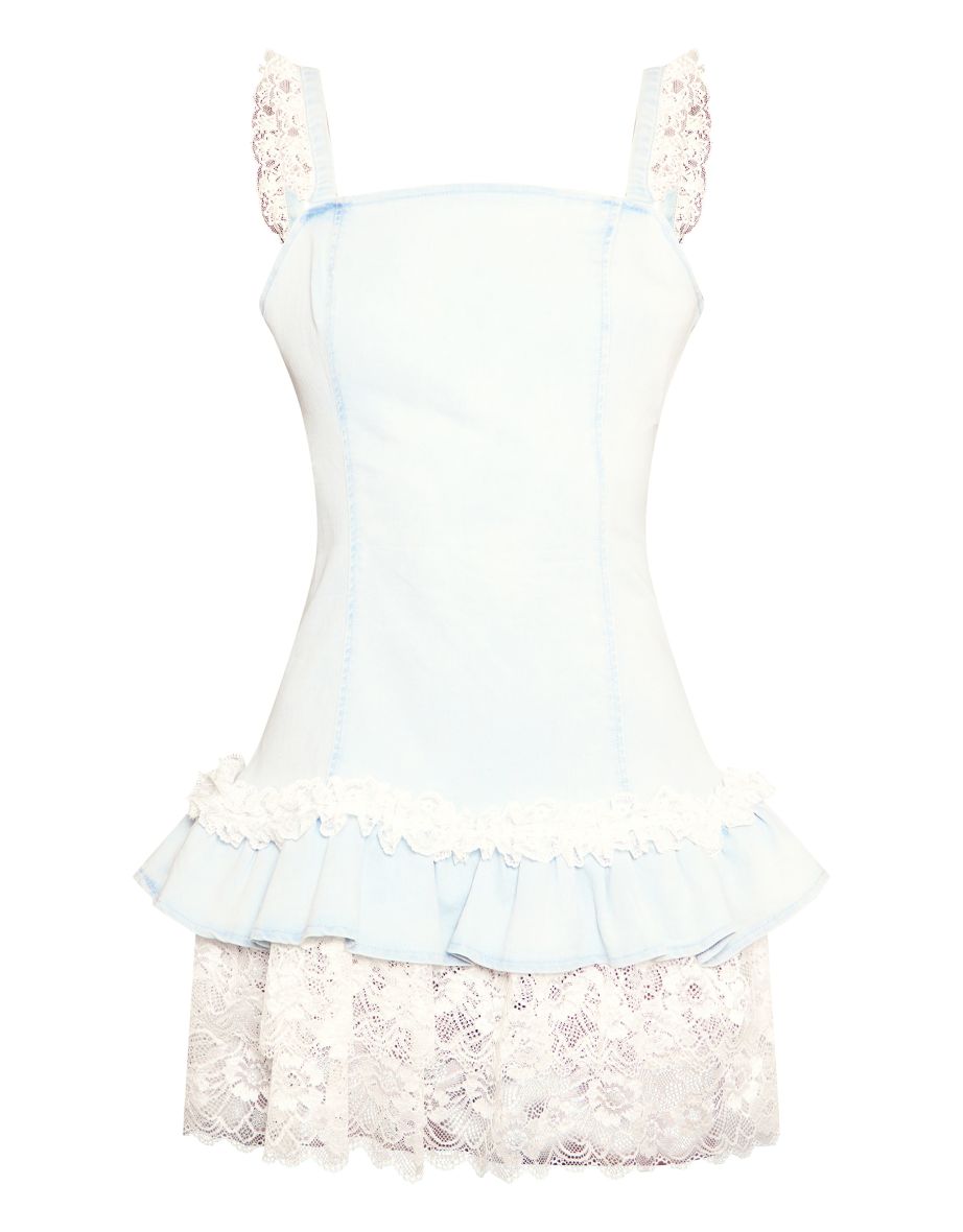 Ice Blue Lace Trim Detail Ruffle Hem Mini Dress - 4