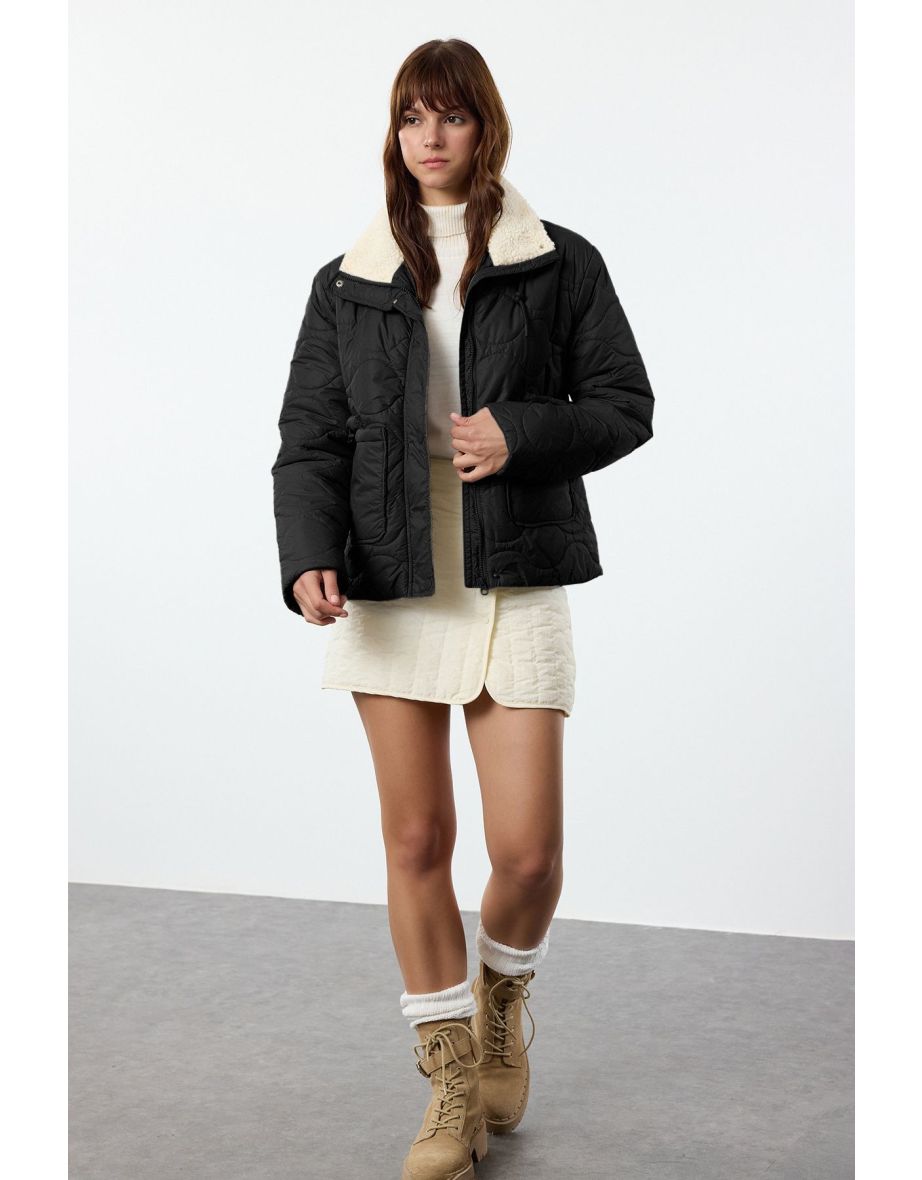 Black Regular Fit Waist Gather Detail Fur Collar Quilted Puffer Coat