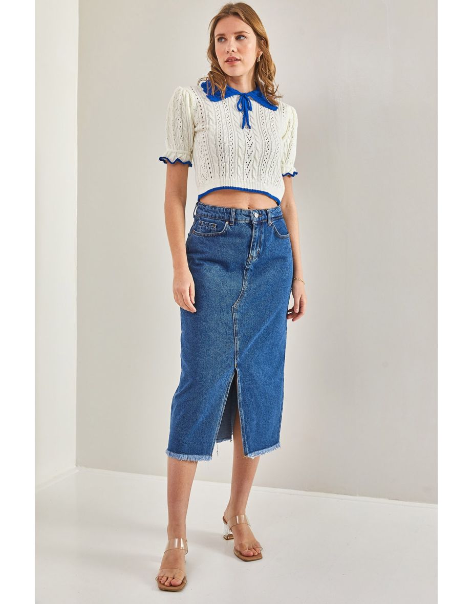 Women's Laser Cut Slit Denim Skirt - 4
