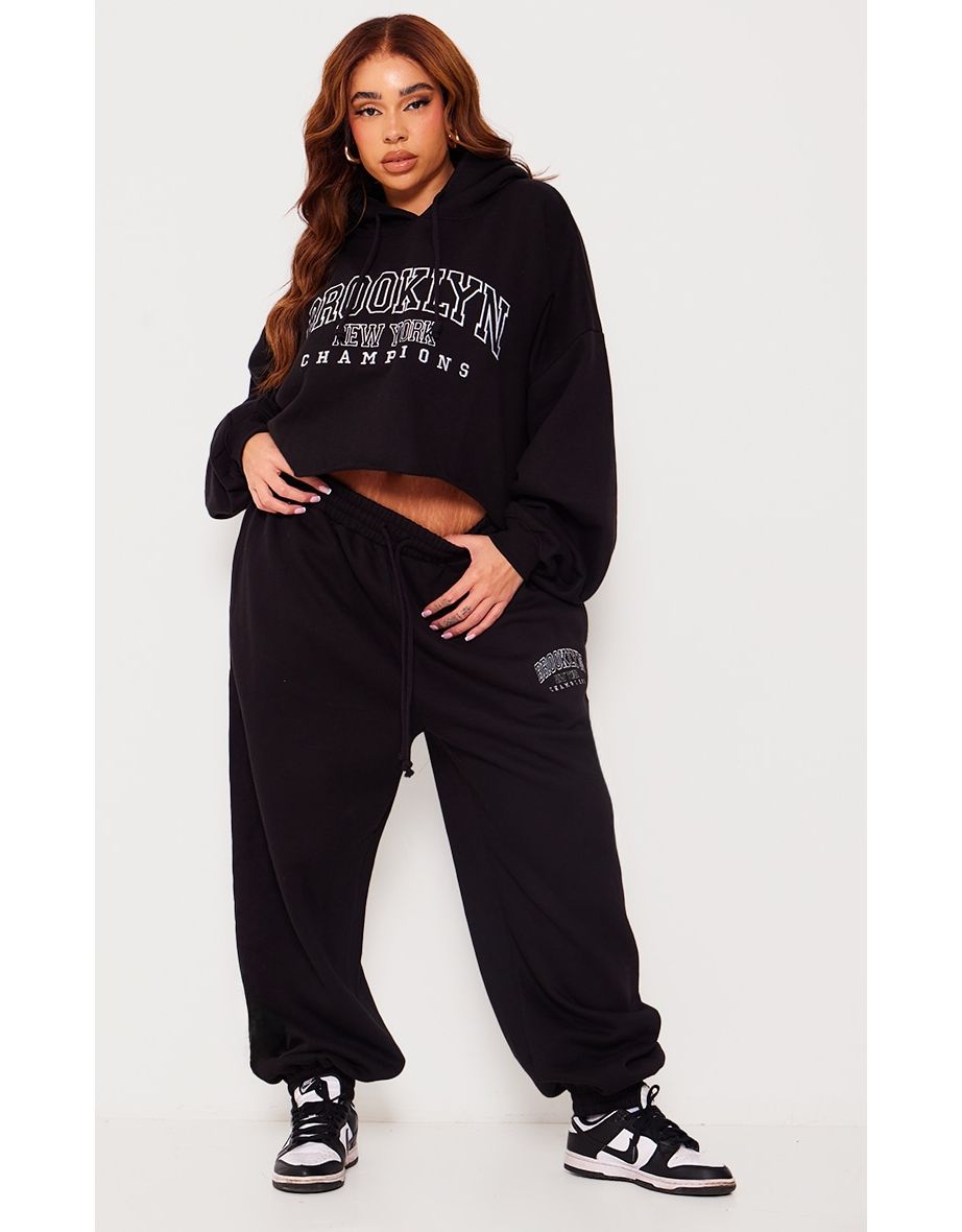 Shop Plus Black Brooklyn Embroidered Raw Hem Cropped Hoodie Online in Saudi Arabia VogaCloset