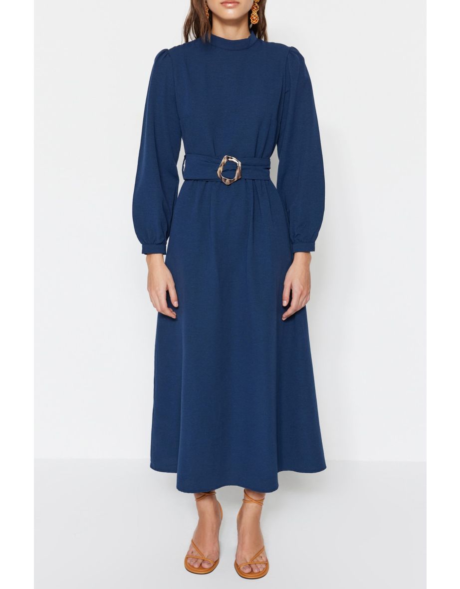 Navy A-Line Midaxi Slip Dress with Long Sleeve - 8