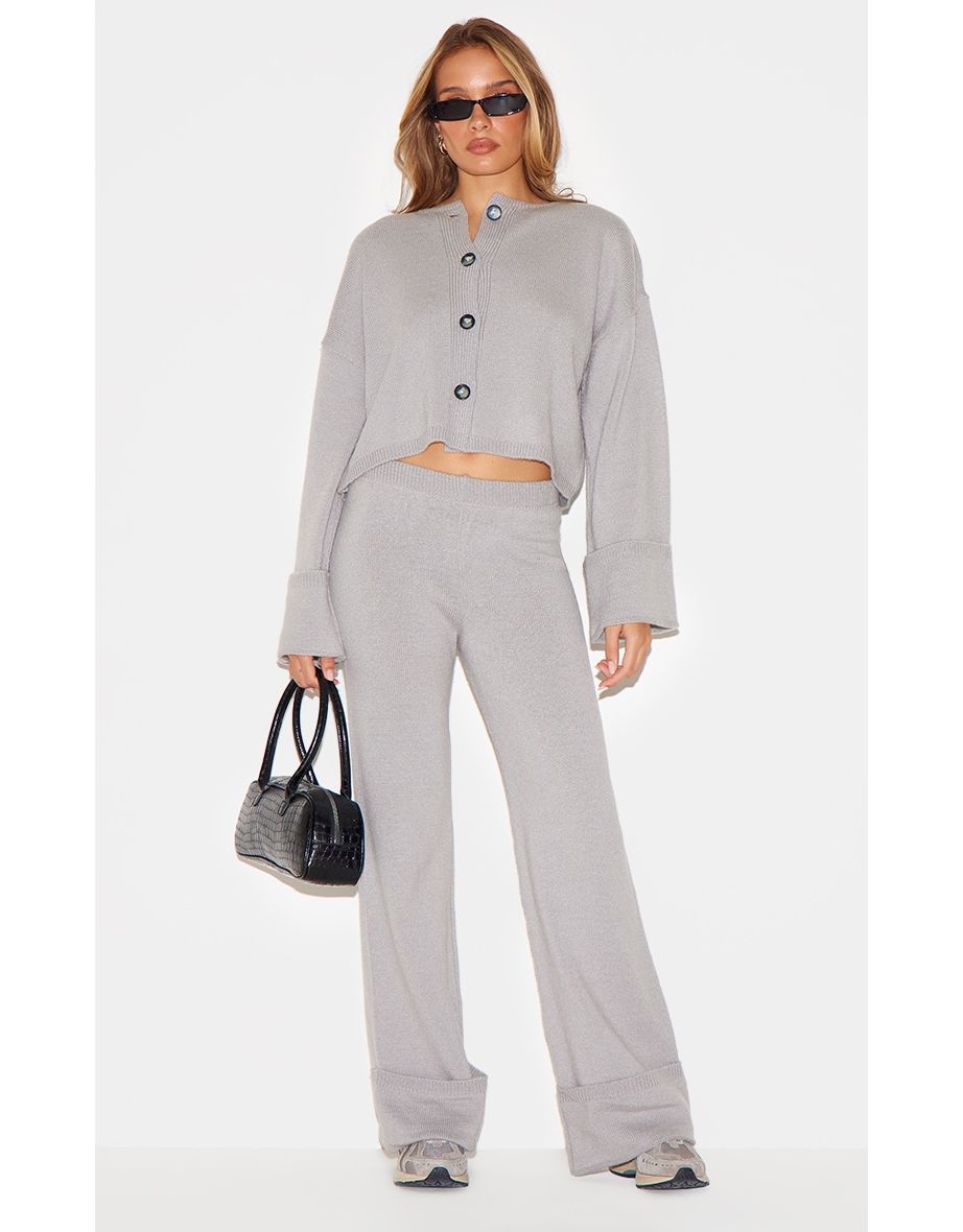 Grey Turn Up Hem Knit Trousers