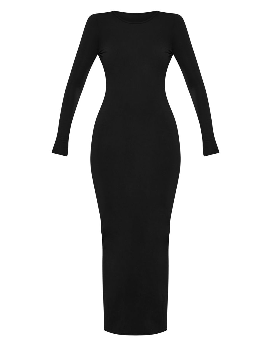 Black Long Sleeve Open Back Ruched Detail Dress - 4