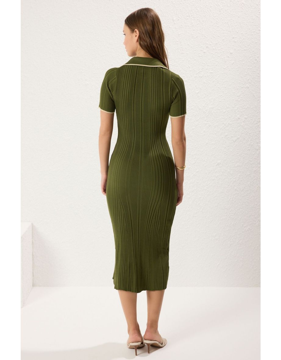 Khaki Color Block Midi Knit Dress - 4
