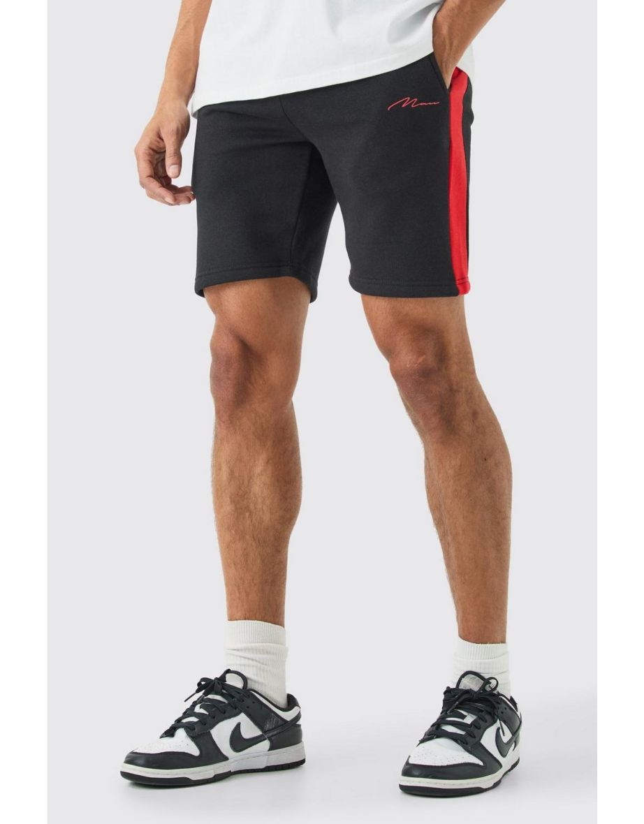 Man Signature Slim Mid Length Colour Block Shorts - black