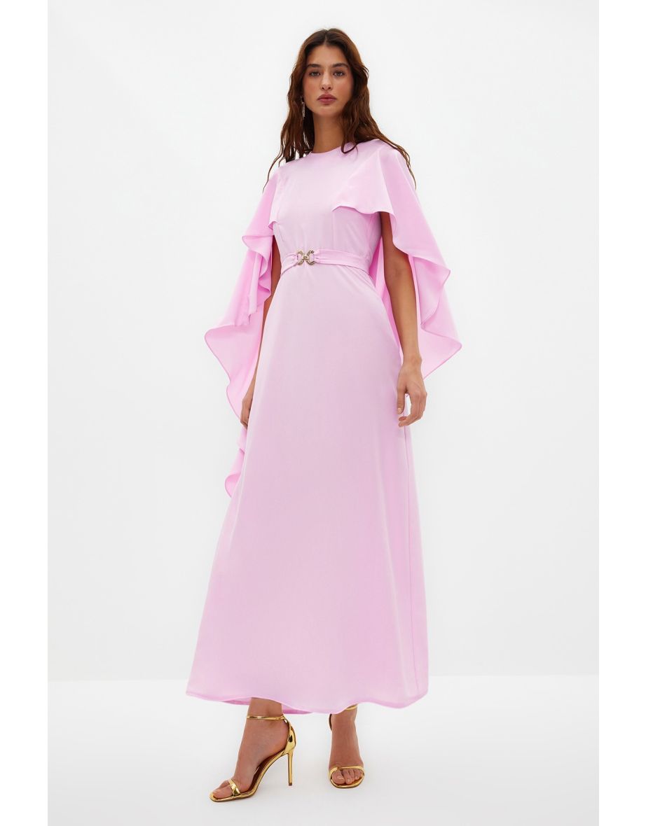 Lilac Belted Cape Detailed Elegant Woven Evening Dress