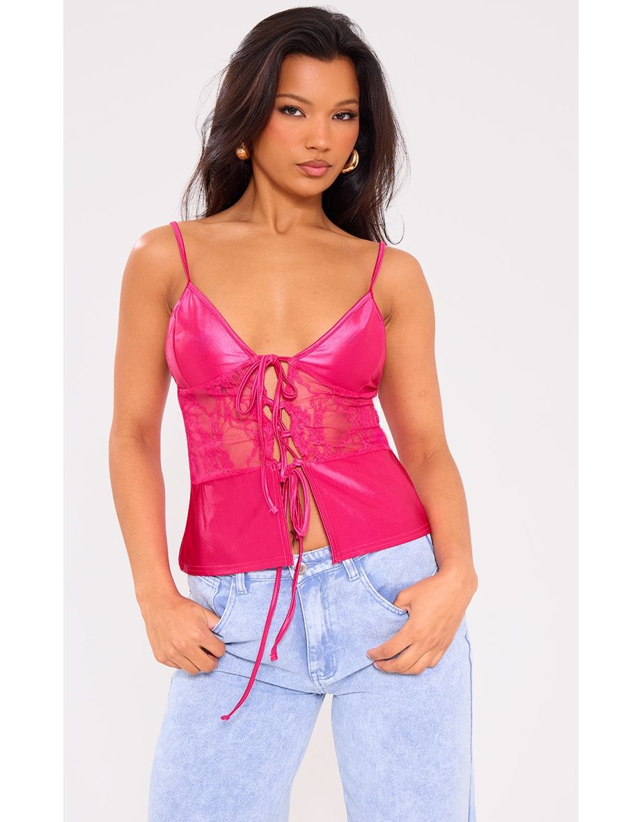 Hot Pink Satin & Lace Mix Cami Top