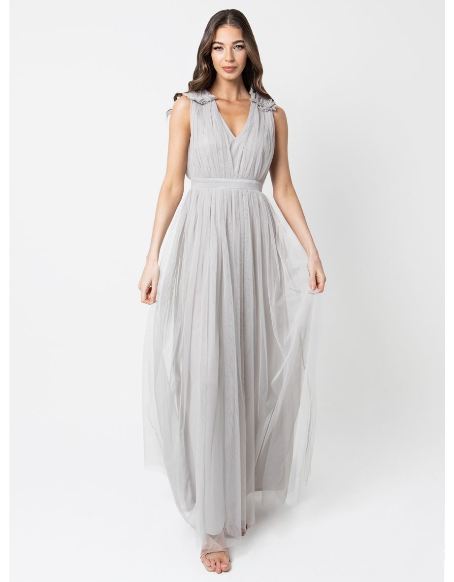 Shop Maya Soft Grey Maxi Dress with Ruffle Shoulder Detail Online in Bahrain VogaCloset