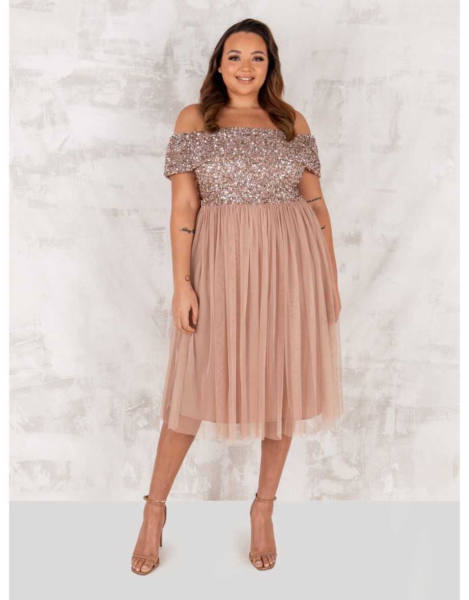 Shop Maya Taupe Blush Bardot Embellished Midi Dress Online in Bahrain VogaCloset