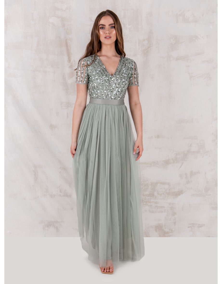 Shop Maya Green Lily Stripe Embellished Maxi Dress With Sash Belt Online in Bahrain VogaCloset