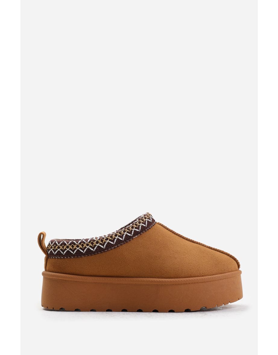 MANGO KIDS FLATFORM EMBROIDERED LOW ANKLE SLIPPER BOOTS IN CHESTNUT SUEDE