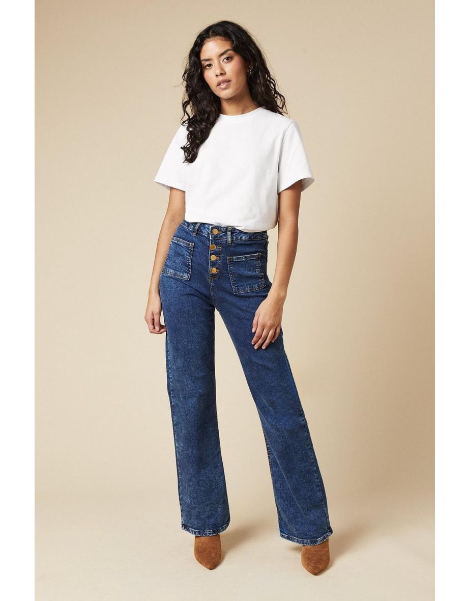 Petite High Rise Button Detail Patch Pocket Flare Jeans