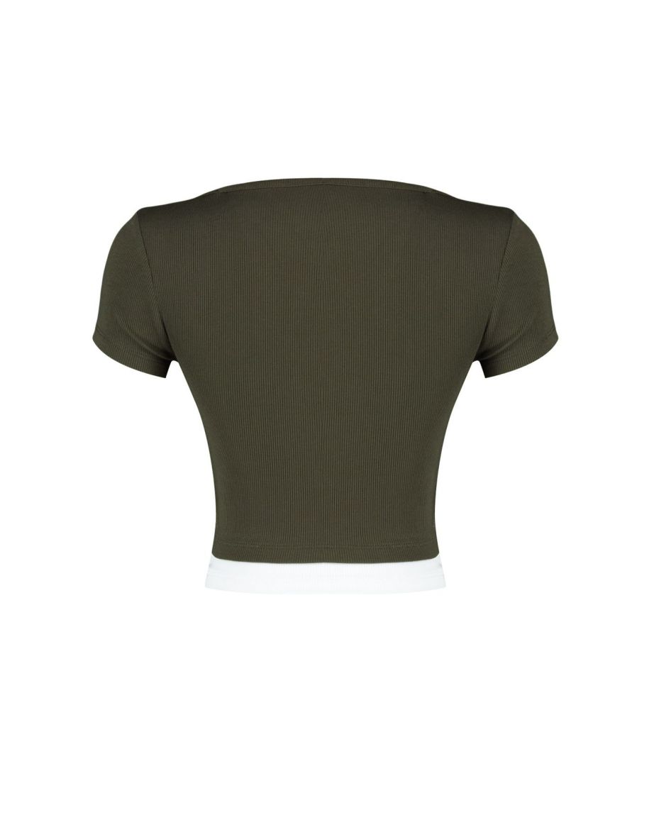 Khaki Double Layer Detailed Fitted Ribbed Elastic Knitted Blouse - 7
