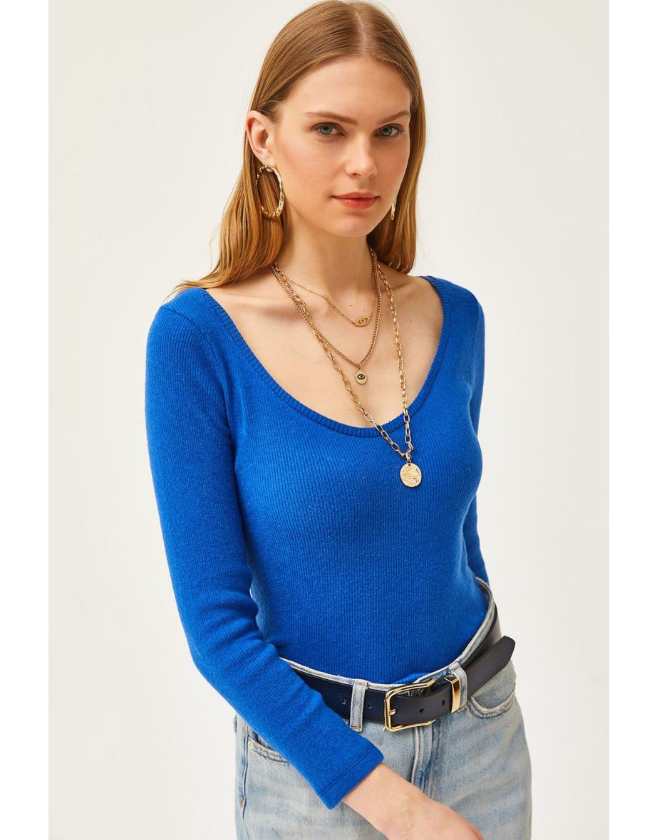 Women's Saks Blue Pool Neck Raised Lycra Blouse