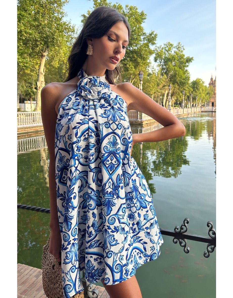 Naples | Blue Porcelain Print Halter-Neck Mini Dress With Corsage - 5