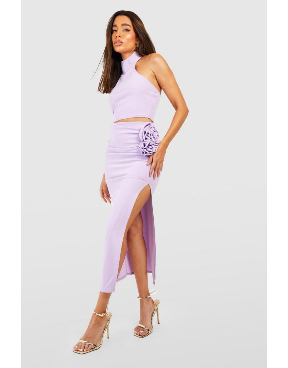 High Neck Top & Corsage Thigh Split Midaxi Skirt - lilac