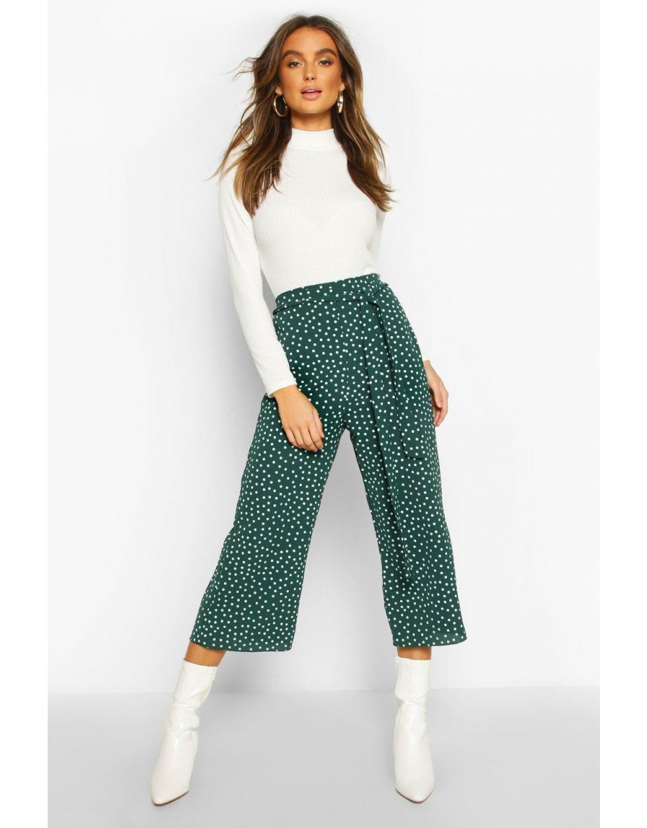 Belted Woven Polka Dot Culottes - forest