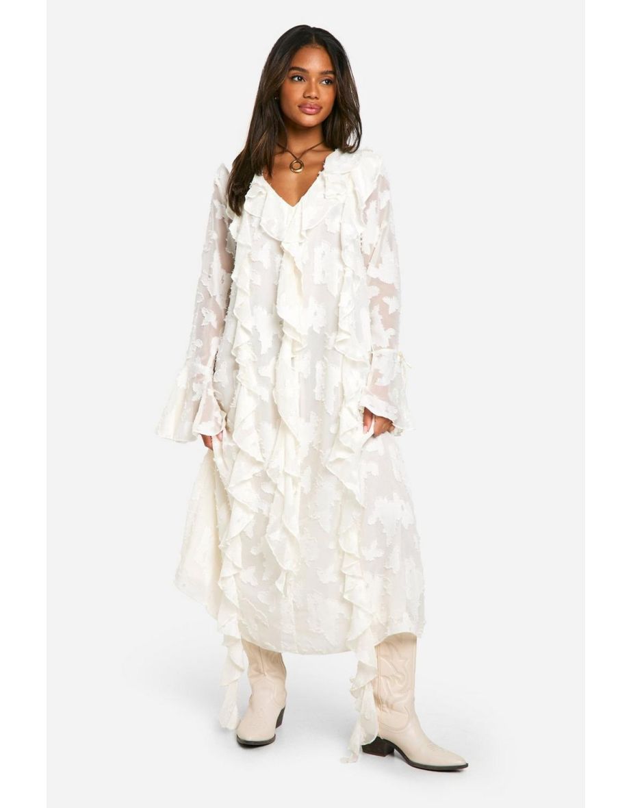 Burnout Floral Ruffle Midaxi Dress - cream
