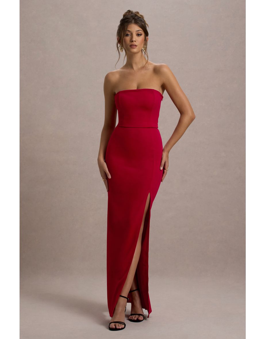 Belle of The Ball | Red Bandeau Maxi Dress With Split Hem