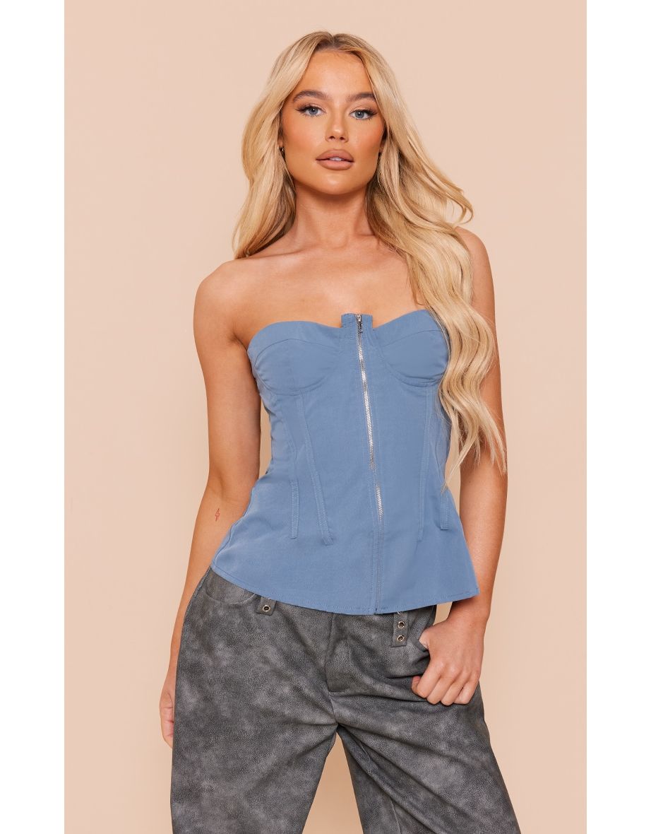 Slate Blue Seam Detail Bandeau Zip Front Top