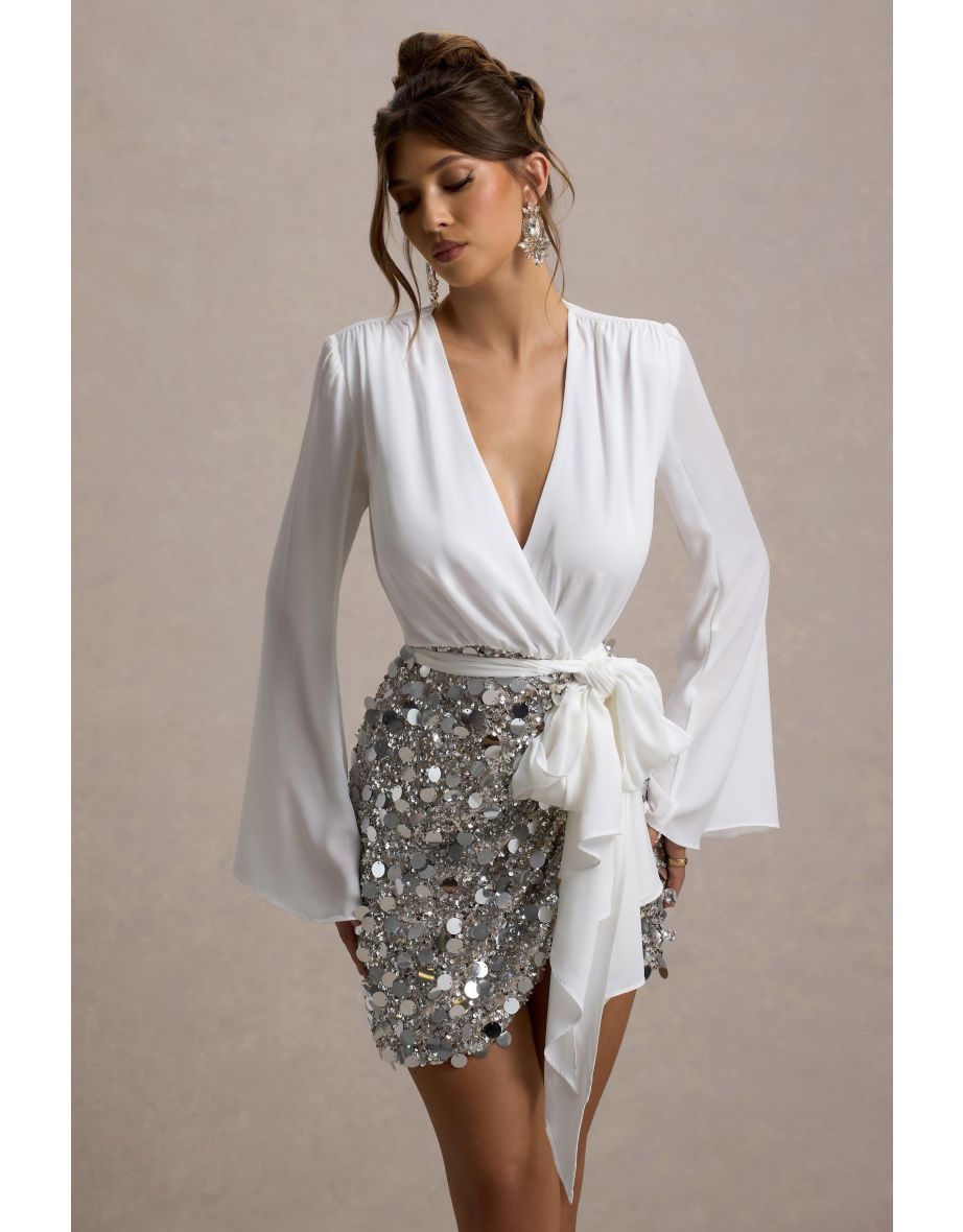 Norah | White Chiffon Plunge-Neck Wrap Mini Dress With Sequin Skirt
