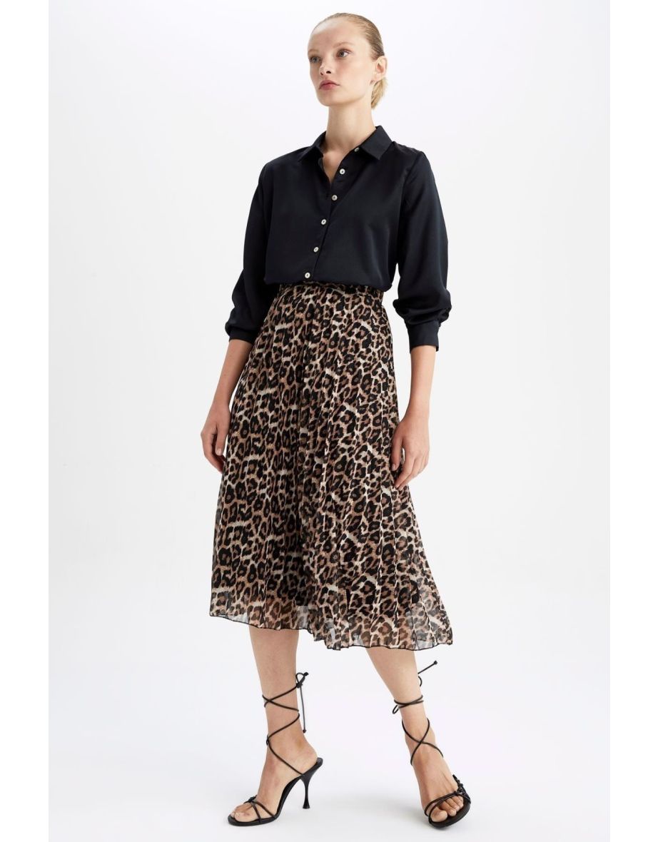 Leopard Pattern A-Line Elastic Waist Pleated Pleated Chiffon Midi Skirt