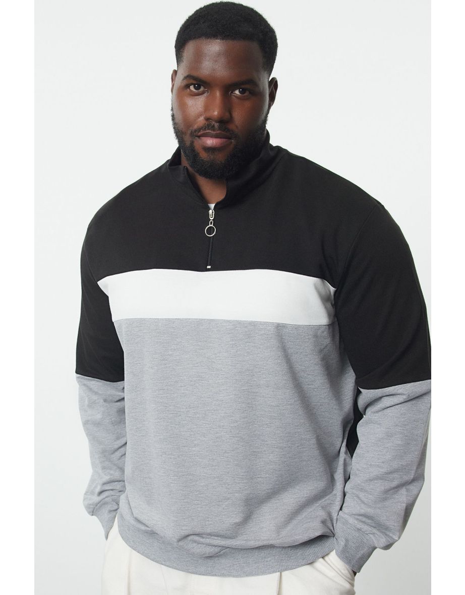 Large Size Black Slim/Narrow Cut Paneled Long Sleeve Judge Collar Zipper Sweatshirt