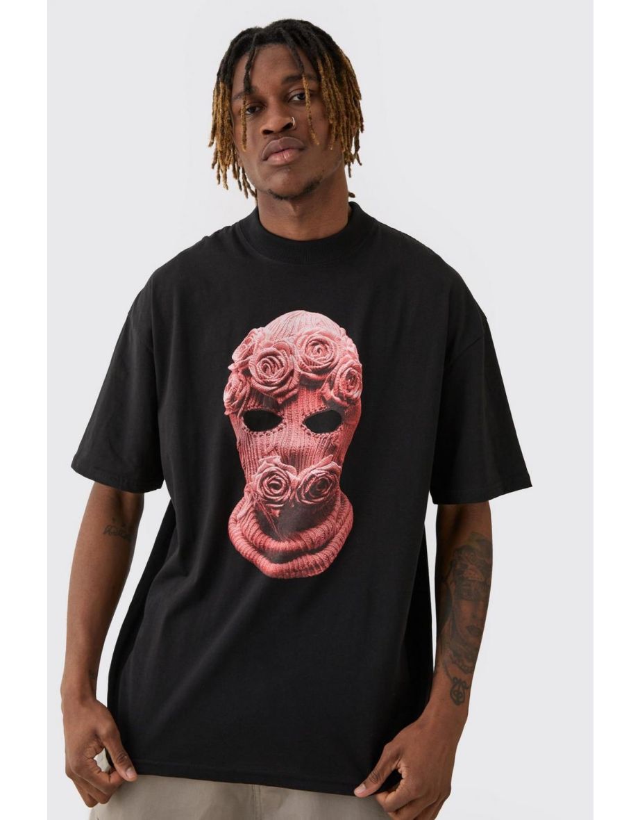 Tall Oversized Balaclava Floral Print T-shirt - black