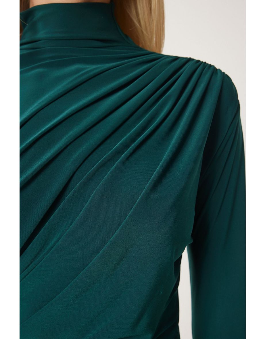 Women's Dark Green Ruffle Detailed Standing Collar Sandy Blouse - 3