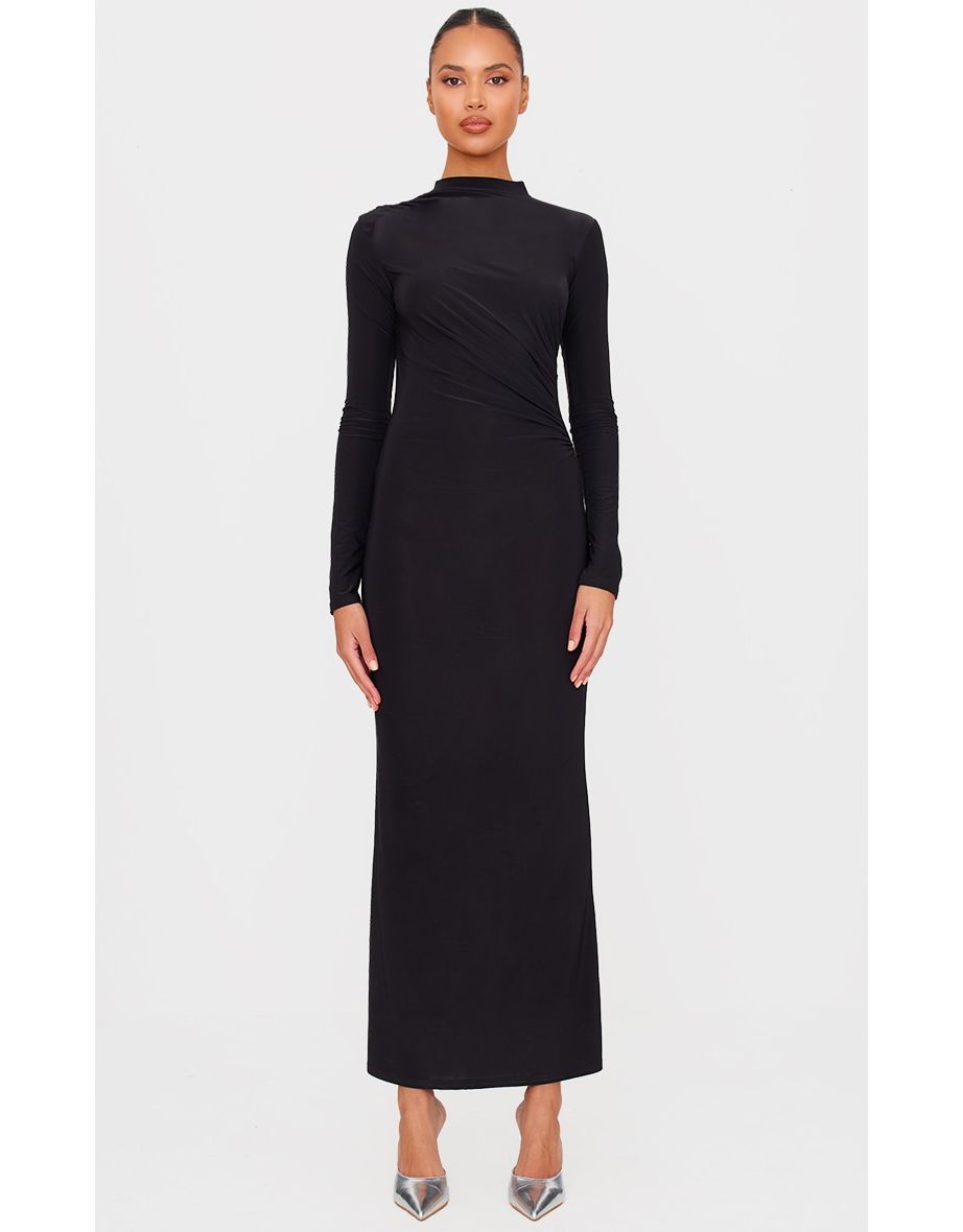 Black Slinky Long Sleeve Maxi Dress