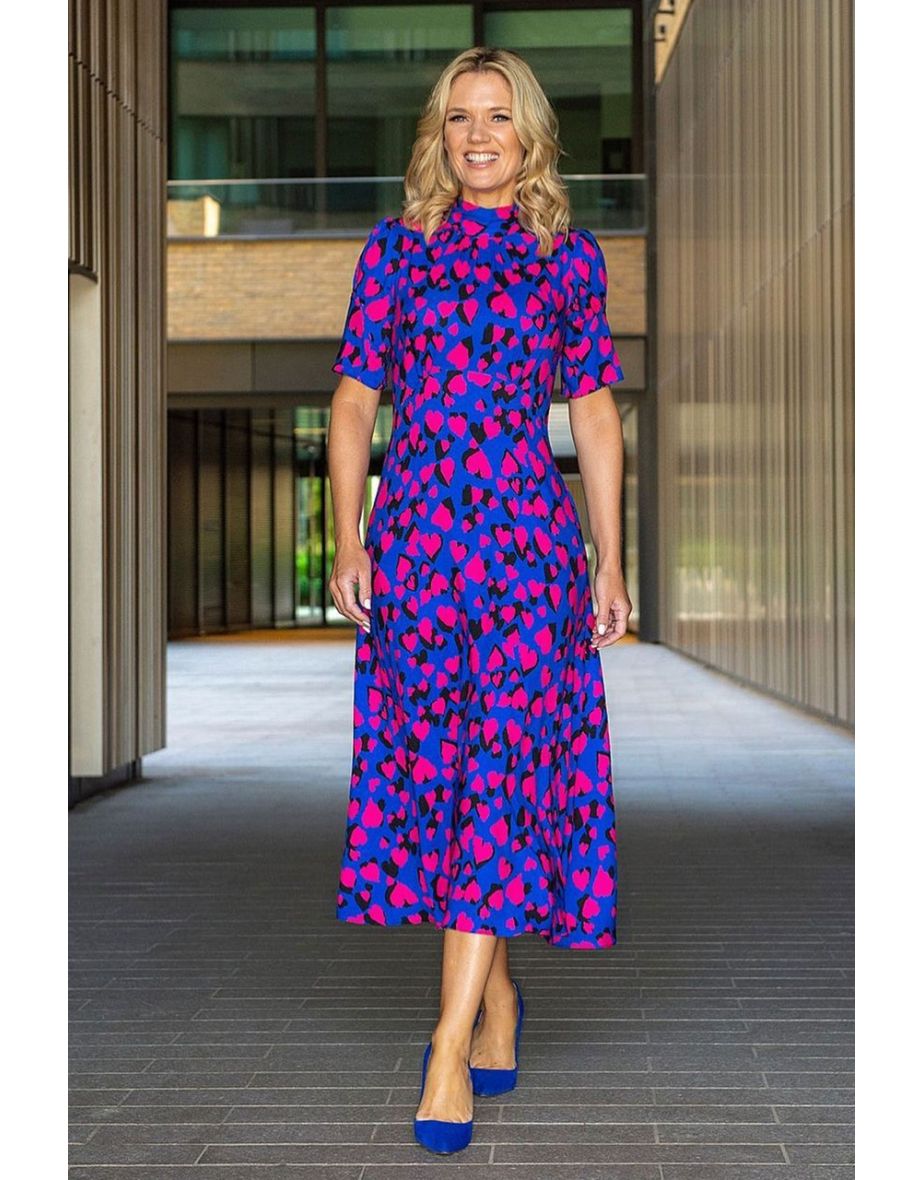 Closet London Blue Heart Print Tie Back A-Line Midi Dress