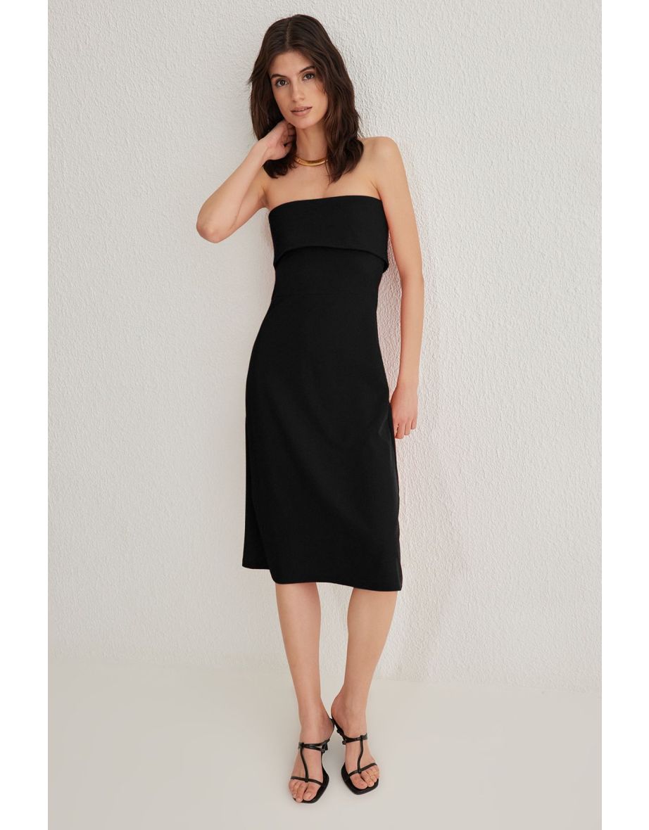 Black Strapless A Line/Flare Cut Midi Knit Dress