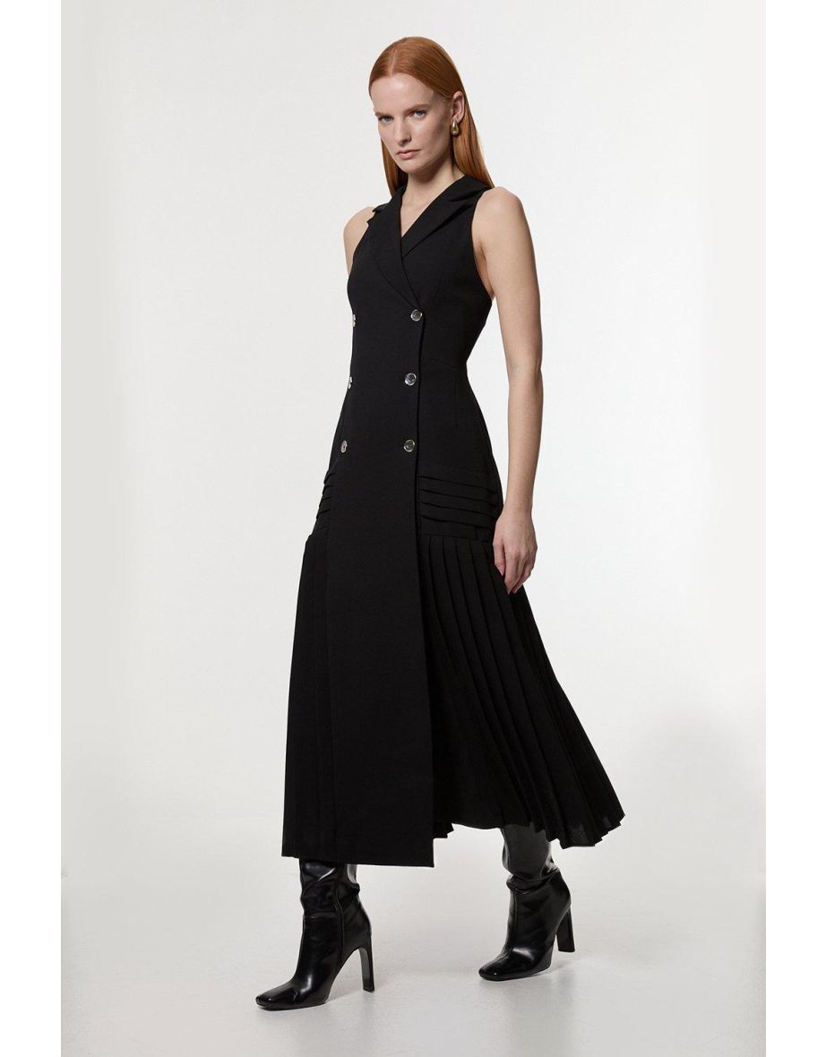 Pleated Button Detail Sleeveless Woven Midi Dress