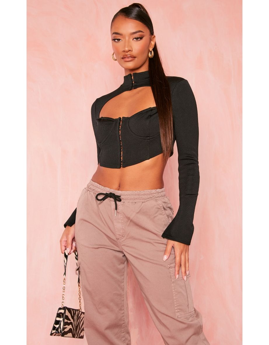Black Bandage Cut Out High Neck Long Sleeve Crop Top