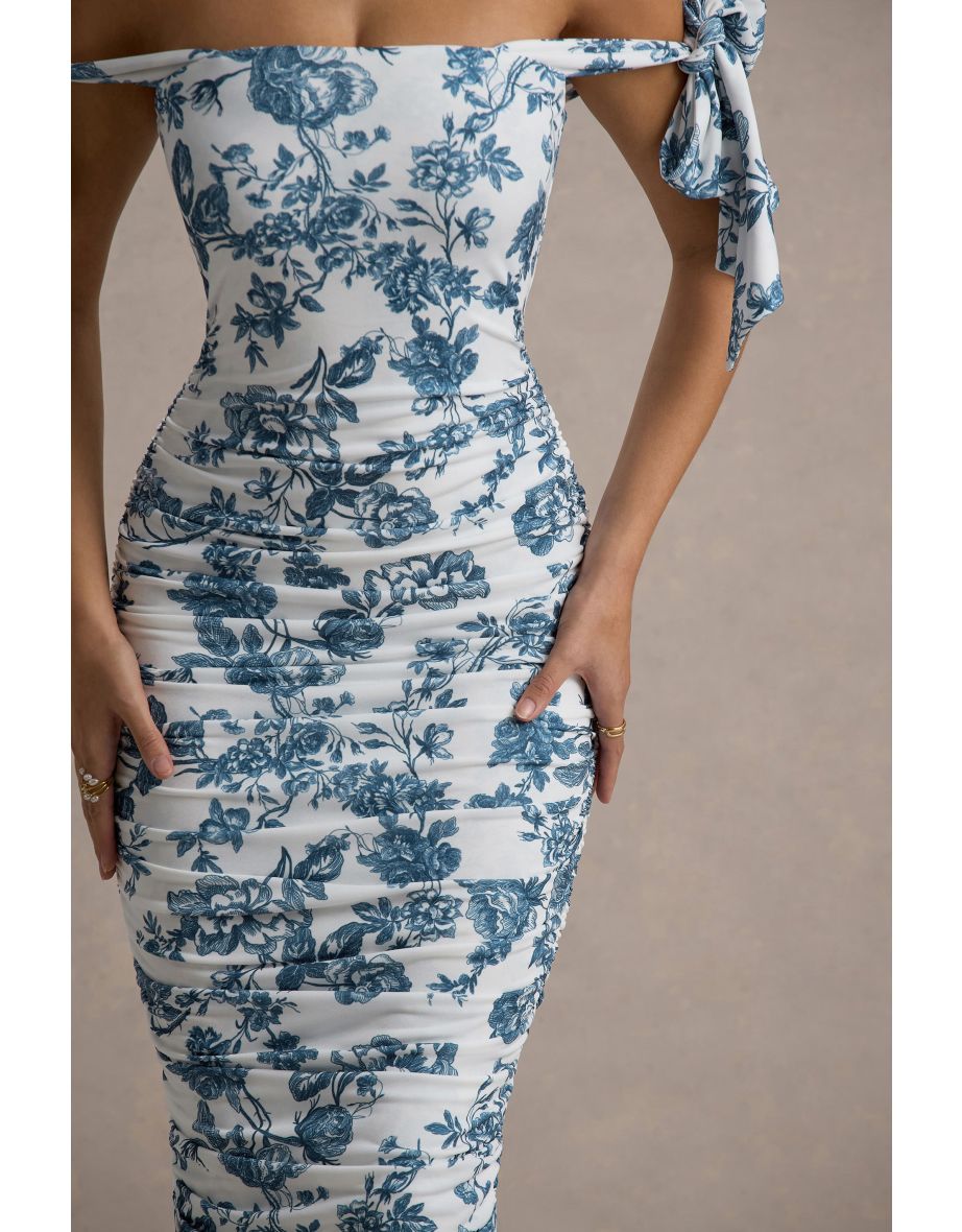 Citrus | Blue Porcelain Print Bardot Bodycon Midi Dress With Bow Sleeves - 5