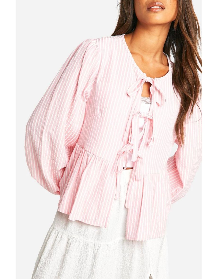 Pink Stripe Tie Front Puff Long Sleeve Smock Top - pink - 3