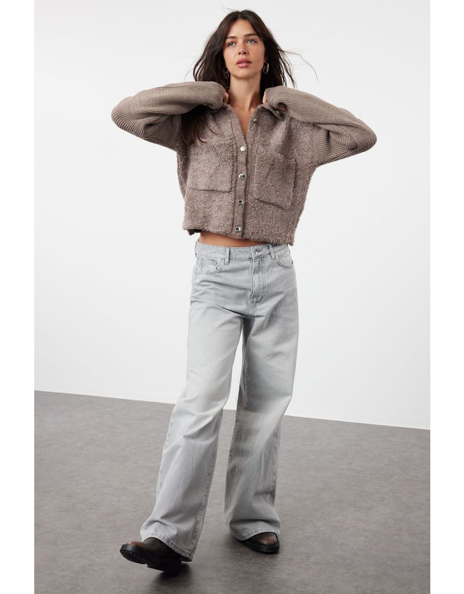 Mink Boucle Polo Neck Knitwear Cardigan